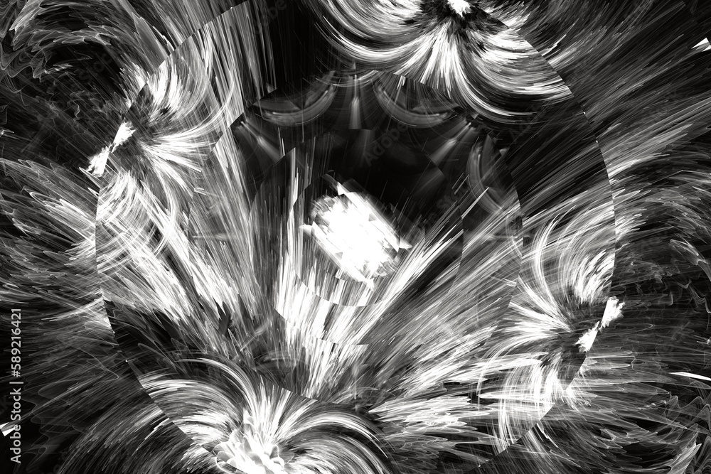 Poster white broken round pattern of crooked waves on a black background. abstract fractal 3d rendering