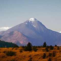 Autumn Field with Large Mountain in the Distance