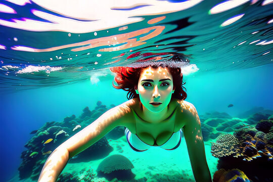a woman swims under water with fish in the background. generated by ai