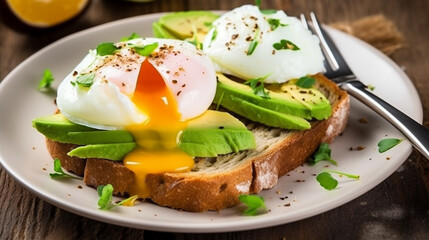 Toast with avocado and eggs: A healthy and delicious breakfast option, featuring toasted bread. AI generated image.