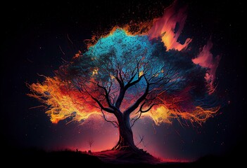 Obraz na płótnie Canvas Beautiful tree with night sky and colorful ambiance. Fantasy concept art illustration. Generative AI