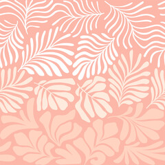 Fototapeta na wymiar Pastel peach brown abstract background with tropical palm leaves in Matisse style. Vector seamless pattern with Scandinavian cut out elements.