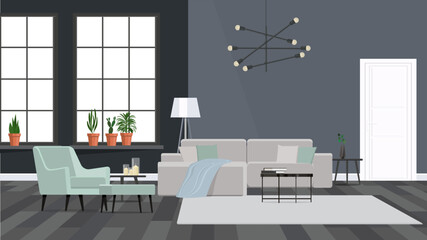 Modern interior design of a spacious room, a comfortable sofa, a table next to it against a gray wall with plants.