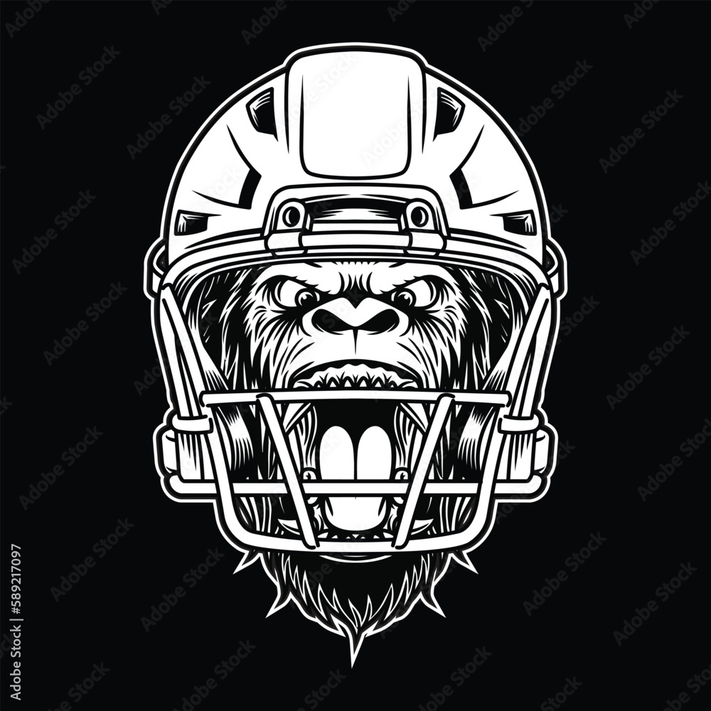 Sticker Gorilla Head Mascot With American Football Helmet Black and White Illustration