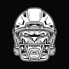 Bulldog Head Mascot With American Football Helmet Black and White Illustartion