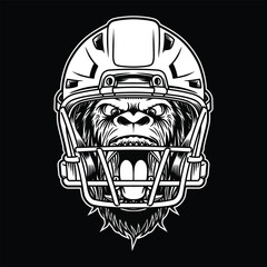 Gorilla Head Mascot With American Football Helmet Black and White Illustration