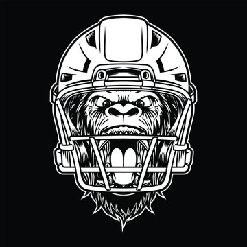 Gorilla Head Mascot With American Football Helmet Black and White Illustration