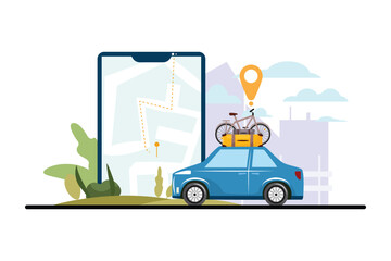 Big cellphone with a map and destination and city on the background. Car next to it. Travel concept illustration.