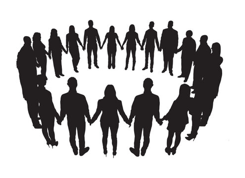 People Standing In Circle Holding Hands Together Full Length Vector Silhouette.