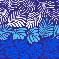 Blue white abstract background with tropical palm leaves in Matisse style. Vector seamless pattern with Scandinavian cut out elements.