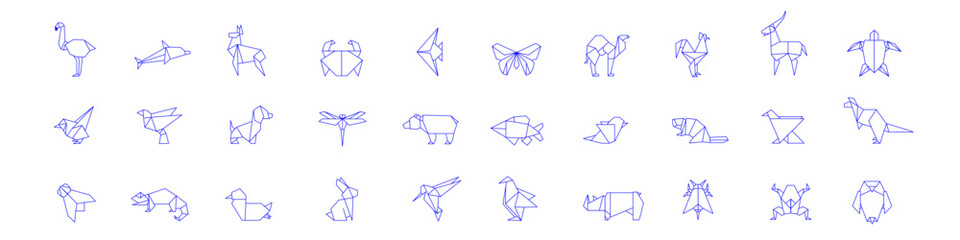 Origami Folded Paper Animals Shapes. Bird, Crane, Cat, Dog, Rhino, Fox, Mouse, Elephant. Flat Line Outline Stroke Icon Illustration Set Collection