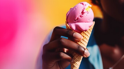 Summer 2023 atmosphere. A person enjoying a refreshing ice cream cone in the sun, with vibrant colors of pink and yellow in the surrounding decor. Generative ai.