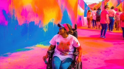 Fototapeta na wymiar Summer 2023 atmosphere. A person with disabilities enjoying a day out in a colorful outdoor art festival with a mix of bright and bold colors such as pink, orange, and blue. Generative ai.