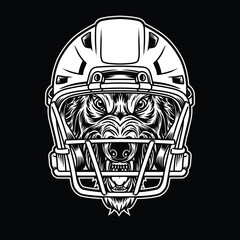 Wolf Head Mascot With American Football Helmet Black and White Illustration