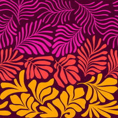 Purple yellow abstract background with tropical palm leaves in Matisse style. Vector seamless pattern with Scandinavian cut out elements.