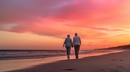 Fototapeta premium Summer 2023 atmosphere. An elderly couple enjoying a walk on a beach, holding hands and admiring the beautiful sunset with shades of pink and orange in the sky. Generative ai.