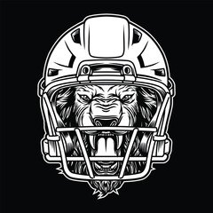 Lion Head Mascot With American Football Helmet Black and White Illustation