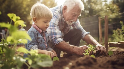 Summer 2023 atmosphere. A grandfather and his grandchild planting flowers or vegetables in the garden. Generative ai.