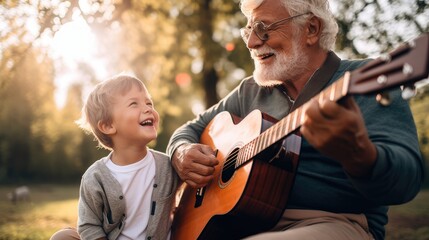 Summer 2023 atmosphere. A grandfather and his grandchild singing songs together. Generative ai. - obrazy, fototapety, plakaty