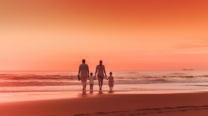 Fototapeta na wymiar Summer 2023 atmosphere. A family enjoying a day out at the beach with warm shades of orange and pink in the sky during sunset. Generative ai.
