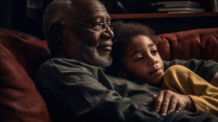 Summer 2023 atmosphere. A grandfather and his grandchild snuggled up on the couch watching a movie together. Generative ai. - obrazy, fototapety, plakaty