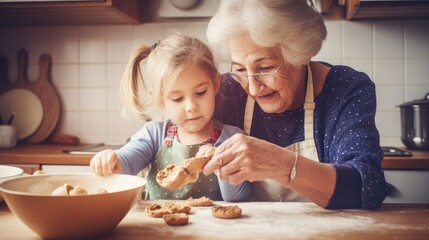 Summer 2023 atmosphere. A grandmother and her grandchild baking cookies together in the kitchen. Generative ai. - obrazy, fototapety, plakaty