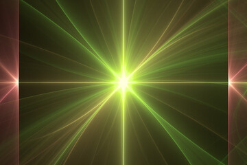 Green red glowing pattern of curved rays from the center on a black background. Abstract fractal 3D rendering