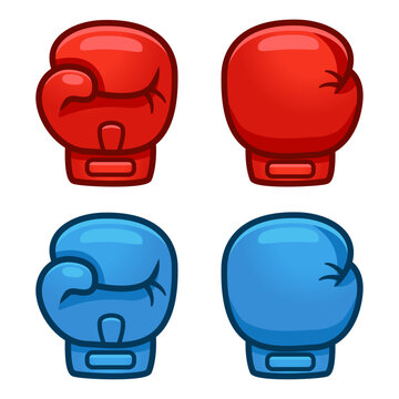 Cartoon red and blue boxing glove icon, front and back. Isolated vector illustration.