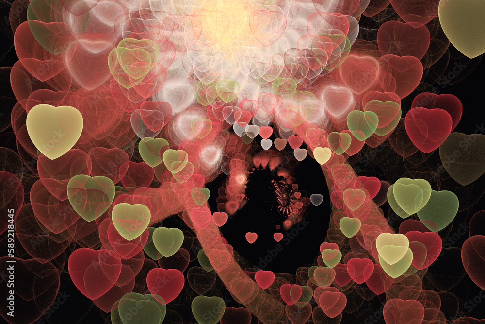 Poster red green pattern of small hearts on a black background. abstract fractal 3d rendering