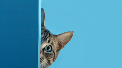 Curious cat. Siamese cat with blue eyes. cat peeking around the corner