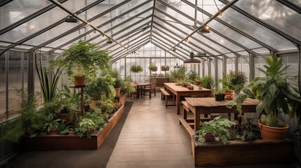 glass greenhouse with plants and tables, green space, generative AI