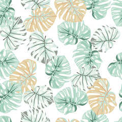 Monstera leaves seamless pattern. Exotic jungle plants endless wallpaper. Leaf background. Hawaiian rainforest floral backdrop.