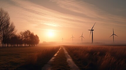 Obraz premium wind turbines at sunset, landscape, renewable energy, generative AI