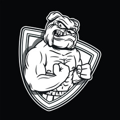Bulldog fitness mascot logo Black and White illustration