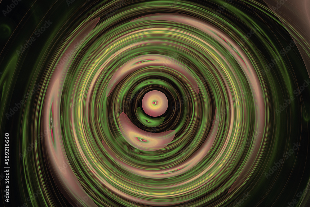 Poster green brown swirling pattern of curved shapes and waves on a black background. abstract fractal 3d r