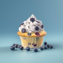 Photo cupcakes with bluberries cream on blue pastel background