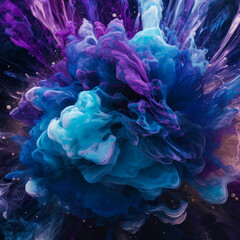 "Cosmic Explosion": Create a fluid art image that features deep purples and blues, with pops of bright white or metallic accents, abstract