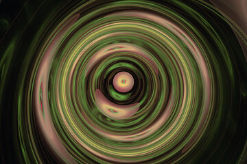 Green brown swirling pattern of curved shapes and waves on a black background. Abstract fractal 3D rendering