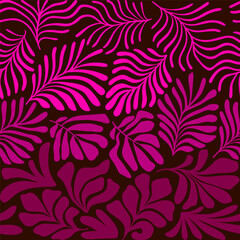 Pink gradient abstract background with tropical palm leaves in Matisse style. Vector seamless pattern with Scandinavian cut out elements.