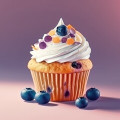 Photo cupcakes with bluberries cream on pastel background