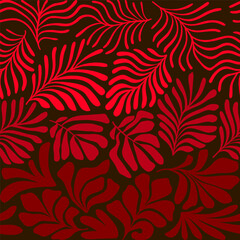 Red gradient abstract background with tropical palm leaves in Matisse style. Vector seamless pattern with Scandinavian cut out elements.