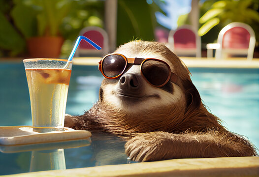 sloth in the pool with cocktail, summer vacation. Generative Ai