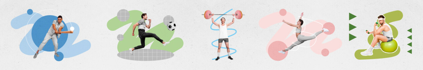 Obraz na płótnie Canvas Panorama photo collage cadre of young sportive people fit gym concept muscle biceps strong play baseball football isolated on grey background