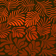 Orange red gradient abstract background with tropical palm leaves in Matisse style. Vector seamless pattern with Scandinavian cut out elements.