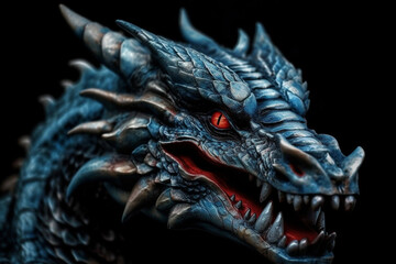 Fantastic dragon with in blue color with red eyes. Mythology fantasy or fairytale reptile monster macro close up. Ai generated © dragomirescu