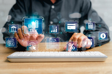 Financial research, government tax, and calculation tax return concept, Businessman using desktop...