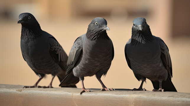 black pigeons on a fence. Generative AI image.