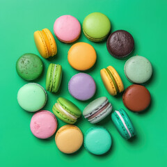 Sweet colorful macarons isolated on green background. Tasty colourful macaroons.