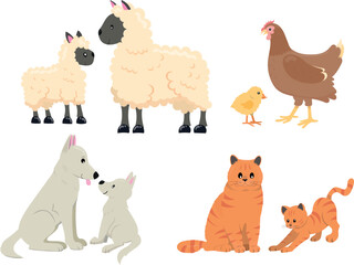 Cute farm animals. Mothers and babies. Cute animal vector illustration for kids. Cartoon flat style.