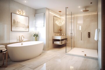 Fototapeta na wymiar Sleek Cream Marble Bathroom with Glass Shower and Heated Floors, Generative AI
